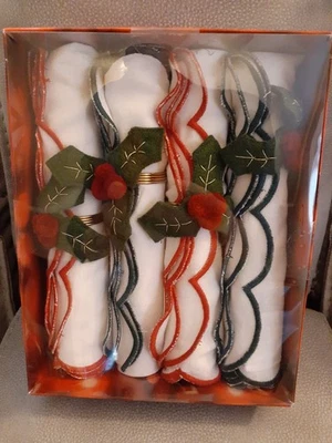 Set Of 4 Christmas Holly Berry Napkins & Rings St Nicholas Square - Image 1 of 4