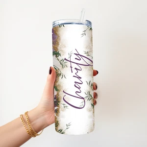 Personalisierter lila Blumen Becher - individueller Name 20 Unzen Edelstahl - Bild 1 von 6