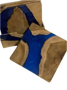 Coaster Set Wooden Epoxy Resin Teak Wood Square w/ Holder each coaster unique - Picture 1 of 8