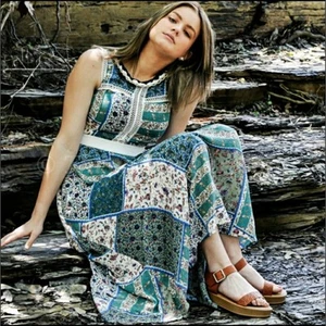 La Diosa patchwork open stitch fit & flare midi dress multicolor small - Picture 1 of 6