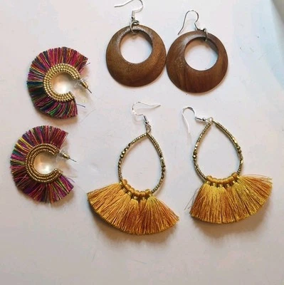 3 Pair Goldtone Beaded Tassel Fan / Boho Fringe And Wood Earrings 925 EarWire - Image 1 of 4