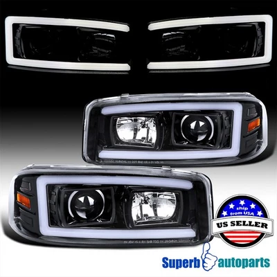 Fits 2000-2006 Sierra Denali Yukon Polished Black Projector Headlights LED Strip - Image 1 of 4