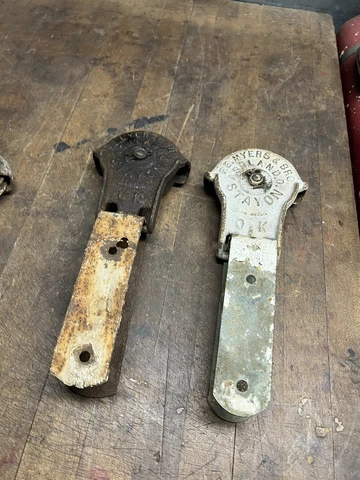 Antique Old Myers Stay On Ok cast iron Barn Door Rollers Hangers Pair Set USA Cover