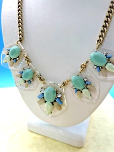 J CREW Necklace Signed NWT Gold Tone Blue & Green Cabs Rhinestones Clear Lucite - Picture 1 of 7