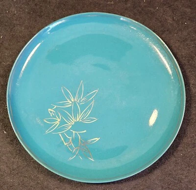 Plato de cerámica hecho a mano esmalte turquesa oro hojas de bambú 9" Corea Foto 1 de 4