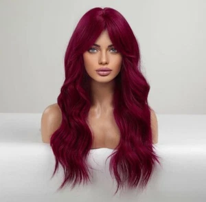 Magenta Red Wig with Bangs Heat Resistant Natural Blended Hair - Picture 1 of 4