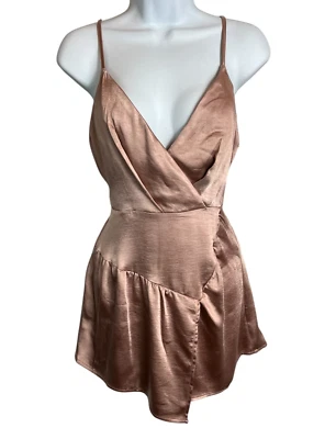 Angel Biba Women's Satin Wrap-Look Skort Style Romper  Size S  Pink V-Neck Short - Image 1 of 4
