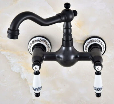 Black Oil Rubbed Brass Kitchen Dual Handles Sink Faucet Tap Wall Mounted fnf864 - Image 1 of 4