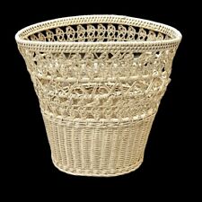 Vintage White Wicker Waste Basket Trash Can Shabby Chic Cottagecore 10 Inch Tall