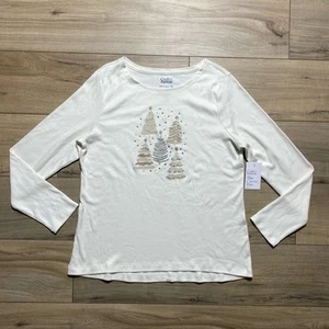 Croft & Barrow Womens The Classic Tee Long Sleeve Christmas Tree Top PM Cream - Picture 1 of 11