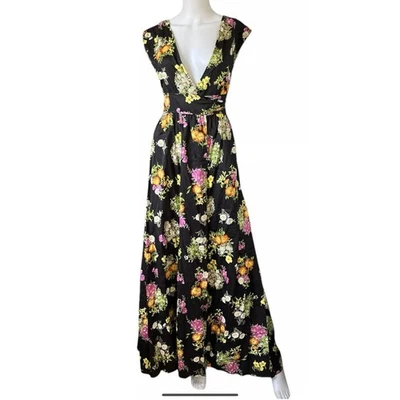 Oscar de la Renta Vintage 80s Long Black Floral Maxi Wrap Dress Size XS USA - Image 1 of 4