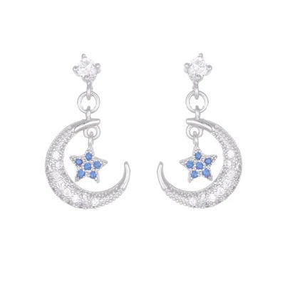 Brincos de estrela e lua de zircônia cúbica azul esterlina e transparente 0,925 - Imagem 1 de 4