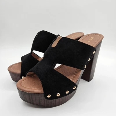 Black Faux Suede Sz  7 Platform Clog Sandals Wood Block Heel Stud SlipOn Mules - Image 1 of 4