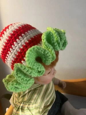 Baby Toddler Handmade Ruffle Hat Grinch Holiday Inspired Red White Sz 6-12 Month - Image 1 of 3