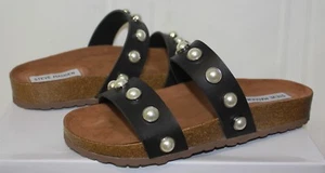 Steve Madden Asset Cork Slide Sandals Black Pearl Embellished New With Box - Picture 1 of 6
