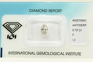 Marquise Diamond Natural White Loose F Color I2 Drilled IGI Certified 0.72 Carat - Picture 1 of 6