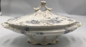 Edwin M Knowles Blue Floral Gold Oval Covered Casserole Vegetable Serving Dish - Picture 1 of 10
