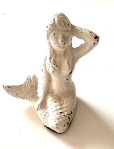 Cast Iron Sitting Mermaid Statue Figurine Nautical Ocean Beach White Chippy Look