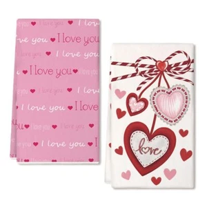 Pink I Love U Valentines Day Kitchen Towels Set of 2Heart Dish Hand Towels Ho... - Picture 1 of 8