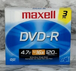Maxell DVD-R Blank Discs 4.7 GB 120 Minutes 3-Pack With Jewel Cases NEW SEALED - Picture 1 of 9