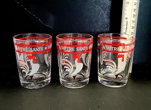 3 Hazel Atlas Rooster Shot Glasses Salud,  A Votre Sante, Skol, To Your Health  - Picture 1 of 7