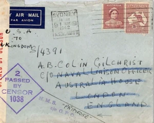 AUSTRALIA NAVAL WW2 Cover Forwarded *HMS PRIMROSE* CACHET Roo 1942 AirMail ZN165 - Picture 1 of 10