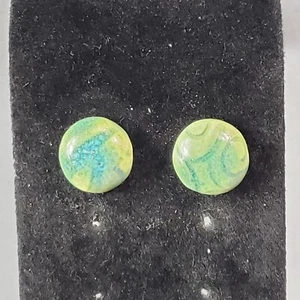 Studded Button Earrings Blue Green Mid Century Retro Modernist Boho Pierced 0.5" - Picture 1 of 9