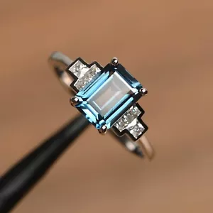 Natural London Blue Topaz Ring In 925 Silver White Gold Plated Emerald Cut Ring - Picture 1 of 5