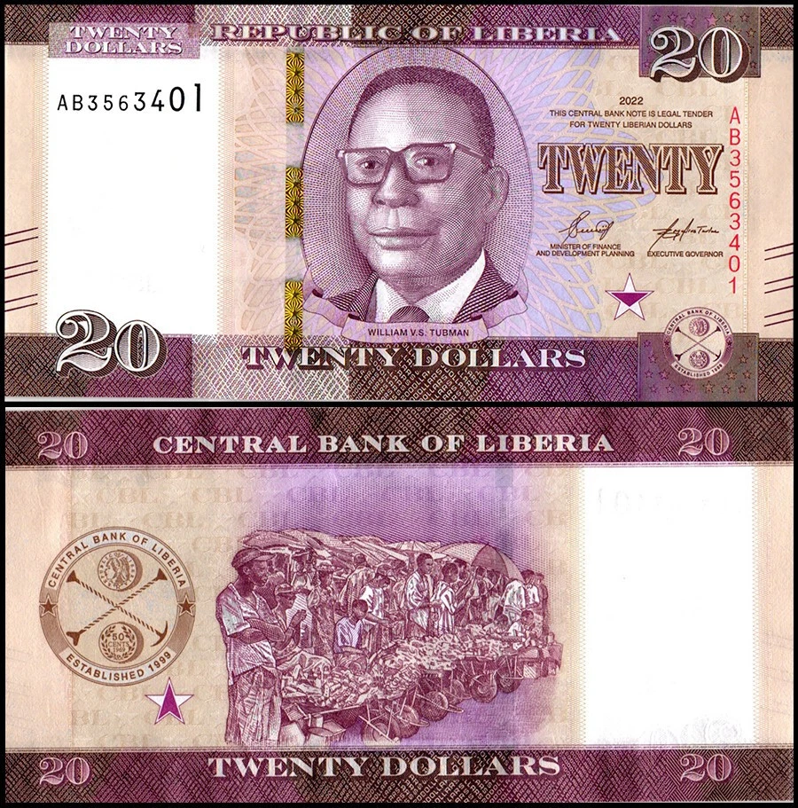 LIBERIA 20 DOLLARS 2022 UNC MARKET SCENE,PORTRAIT OF WILLIAM V.S.TUBMAN,SEAL OF - Image 1 of 1