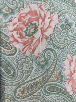 Paisley Green Peach Roses Tan Pink Quilting 100% Cotton Fabric - Image 1 of 4