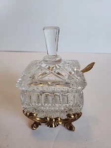 Vntg Lead Crystal Square Jam Jar With Lid, Spoon, Metal Base - Picture 1 of 13