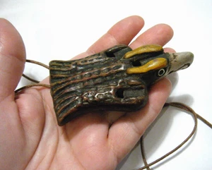 Vintage Aztec ? Folk Art Golden Eagle Bird Whistle Flute Pottery Ocarina Pendant - Picture 1 of 8