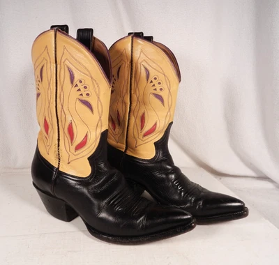 Rocketbuster Pee Wee Cowboy Boots - Women's Size 5.5 Black Yellow Leather Inlaid - Image 1 of 4