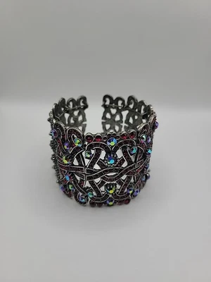 Vintage Red Rhinestone Bracelet Aurora Borealis Crystals Gunmetal Filigree Wide - Image 1 of 4