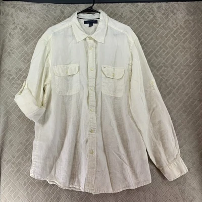 Camisa Tommy Hilfiger Para Hombres XL Abotonada Blanca 100% Lino Mangas Largas con Pestaña Enrollable Foto 1 de 4