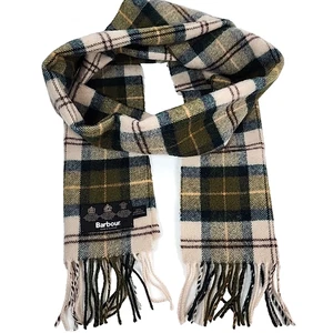 Barbour Classic 100% Lambswool Tartan Plaid Scarf Green Beige Fringe Scotland - Picture 1 of 6