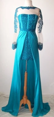 BLUMARINE Blue Lace Embroidered Sheer Tulle Hi Low Dress Gown 42     6 - Image 1 of 4