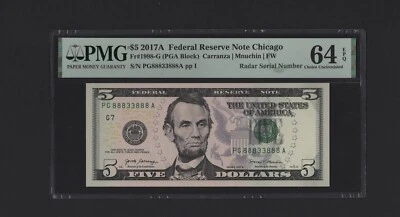 USA SUPER RARE Radar Lucky Number “8” FRN $5 2017 A PMG CHOICE UNC 64 EPQ - Image 1 of 3