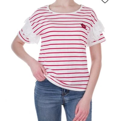 Camiseta OUI Algodón Rayas Verano Roja y Blanca con Encaje Bordado Barco Redonda Talla 8 Foto 1 de 4