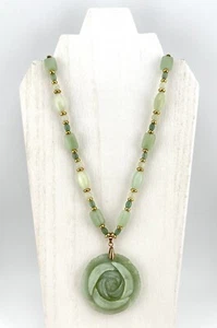 Vintage Hand Carved Jade Rose Floral 20” Necklace With 18K GP Beads and Clasp - Picture 1 of 6