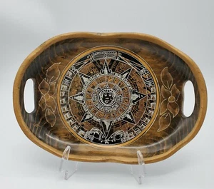 Vintage Wood Tray Aztec Calendar Etched and Hand Painted - Picture 1 of 7