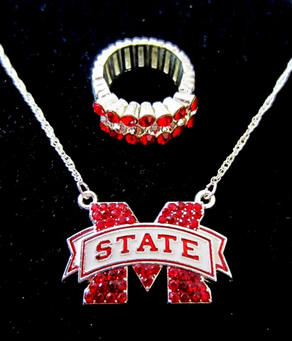 FREE RING! Mississippi State University Bulldogs CRYSTAL NECKLACE jewelry set Cover