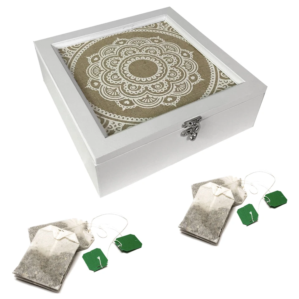 Teebox mit Dekor Holz Vorrats Tee Box Shabby Look Aufbewahrungsbox Weiß 9 Fächer - Bild 1 von 3