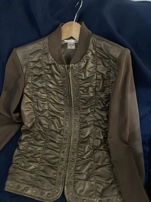 Chaqueta Tejida Cuero Talla Pequeña Colección Nygard Top Bronce Marrón Cremallera Frontal Foto 1 de 4