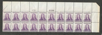#726 3c GENERAL OGLETHORPE ISSUE MNH TOP PLATE BLOCK/20 w/ "CS" MARKING - Image 1 of 2
