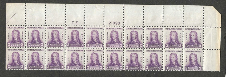 #726 3c GENERAL OGLETHORPE ISSUE MNH TOP PLATE BLOCK/20 w/ "CS" MARKING - Image 1 of 2