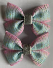 2 Lovely Girls Pink/Mint Green/ Silver Handmade Ribbon Hair Bows /Clasps / Clips