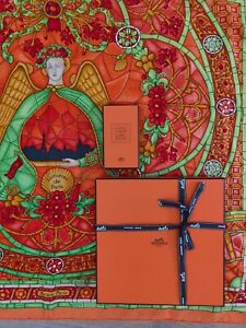 Authentic Hermes Carre Scarf 90cm Lumieres De Paris orange vgc silk label 