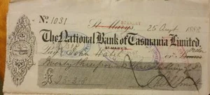 Antique Cheque The National Bank Of Tasmania Stanley Crossed out St Marys 1888 - Picture 1 of 1