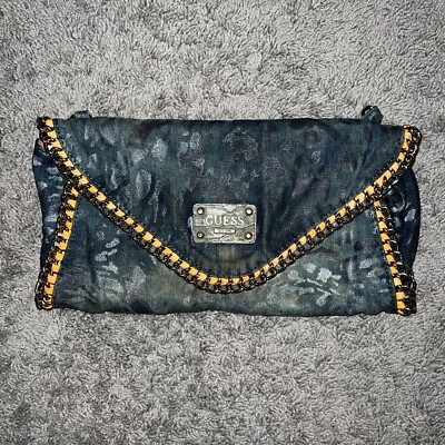 Guess Blue Pink Camo Denim Look Y2K Chain Accent Flap Purse Clutch - Image 1 of 4
